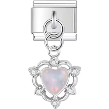 Heart-shaped iridescent gemstone surrounded by a floral frame with clear stone accents Italian charm bracelet link