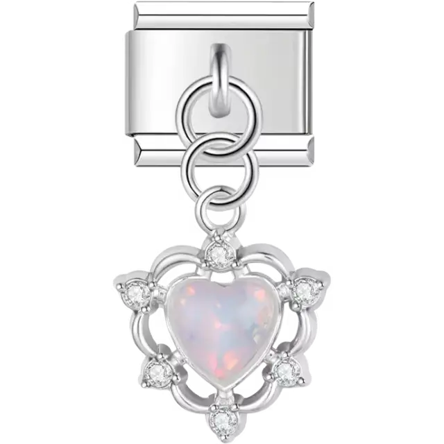 Heart-shaped iridescent gemstone surrounded by a floral frame with clear stone accents Italian charm bracelet link