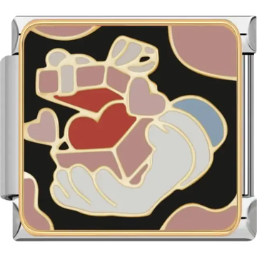 Red and pink hearts inside an open gift box with gold accents and black background Italian charm bracelet link