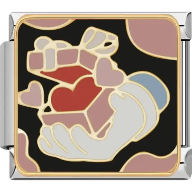 Red and pink hearts inside an open gift box with gold accents and black background Italian charm bracelet link