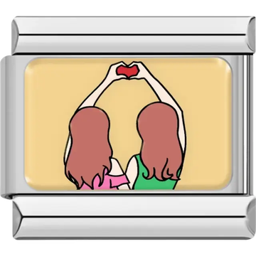 Two friends forming a heart shape with their hands, one in pink and the other in green, on a yellow background Italian charm bracelet link