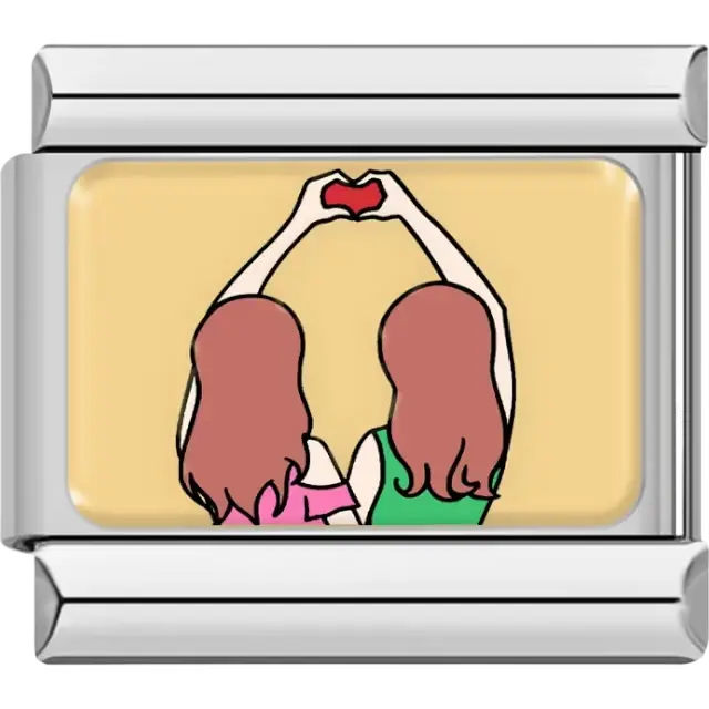Two friends forming a heart shape with their hands, one in pink and the other in green, on a yellow background Italian charm bracelet link