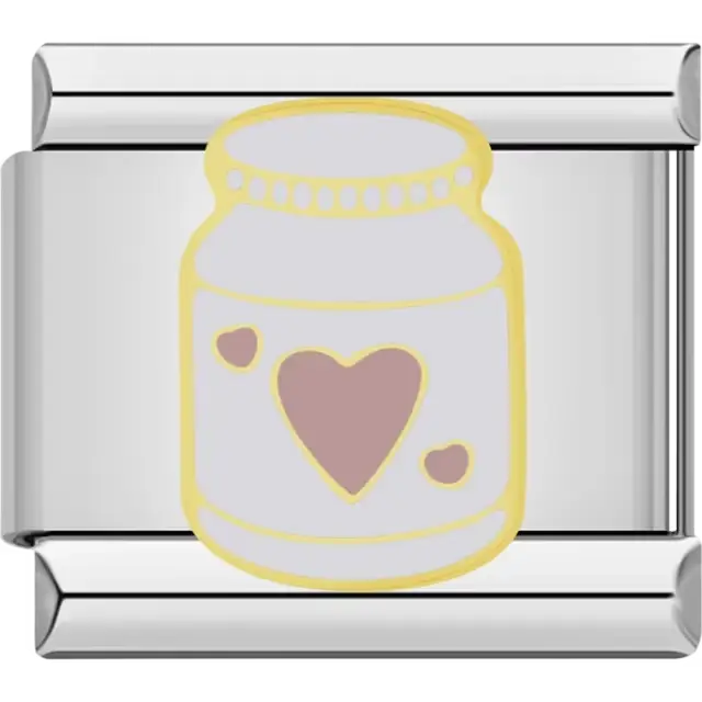 White jar with pink hearts and yellow outline Italian charm bracelet link