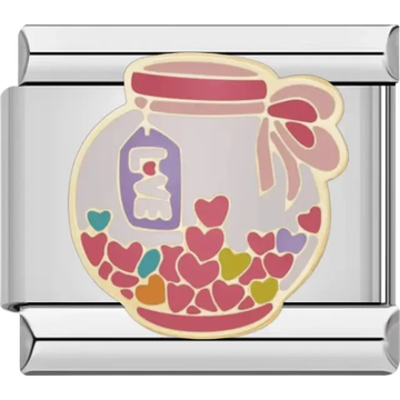 Jar filled with colorful hearts and pink bow detail Italian charm bracelet link