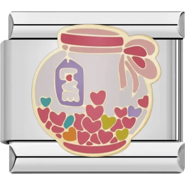 Jar filled with colorful hearts and pink bow detail Italian charm bracelet link