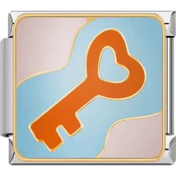 Orange key with a heart-shaped handle on a blue and pink background Italian charm bracelet link
