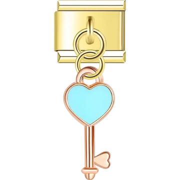 Rose-tone dangle key with blue heart detail Italian charm bracelet link