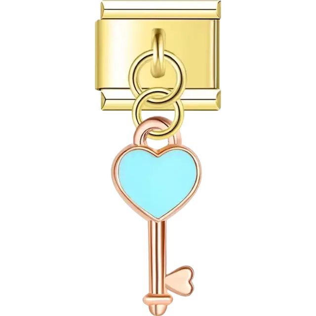 Rose-tone dangle key with blue heart detail Italian charm bracelet link