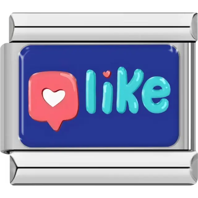 Red speech bubble with white heart and the word "Like" in teal letters on blue background Italian charm bracelet link