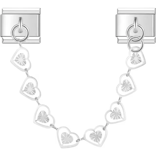 Safety chain with connected open heart links featuring textured accents Italian charm bracelet link