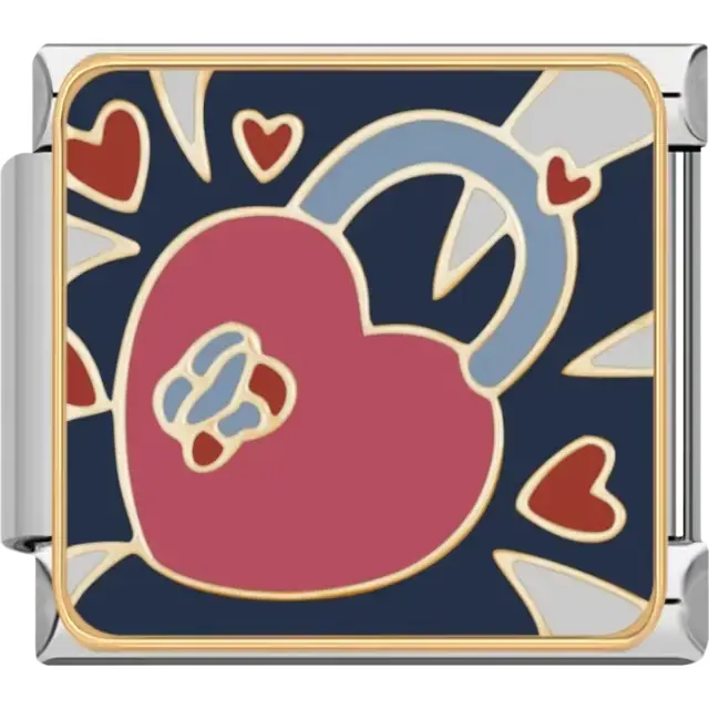 Pink heart-shaped lock with blue handle small hearts and navy background Italian charm bracelet link