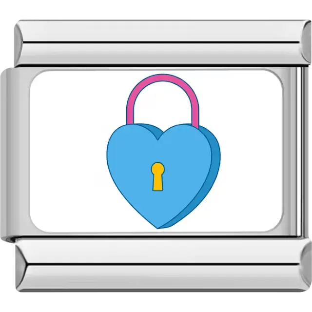 Blue heart lock pink clasp yellow keyhole Italian charm bracelet link