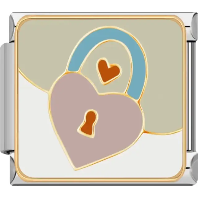 Pink and gold heart-shaped lock with a blue handle and two small orange hearts Italian charm bracelet link