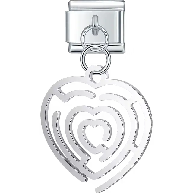 Silver heart maze labyrinth cutout dangle Italian charm bracelet link