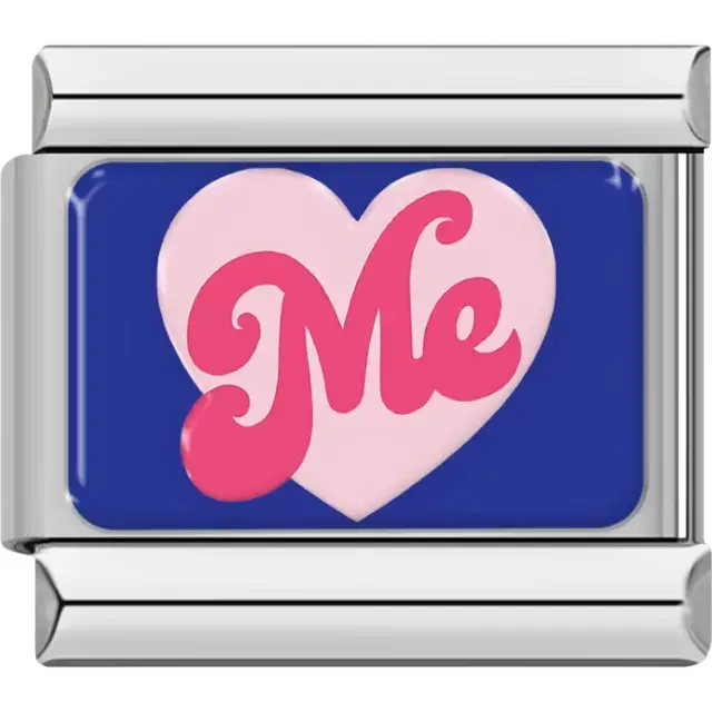 Pink heart with the word "Me" in bold pink font on blue background Italian charm bracelet link