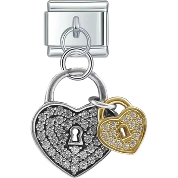 Silver and gold heart padlock with gemstones Italian charm bracelet link