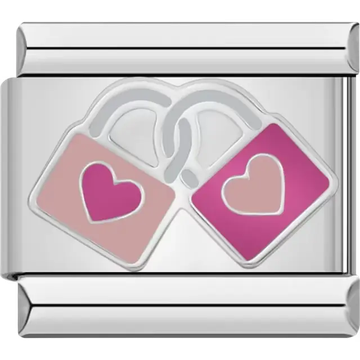 Two interlocked pink and purple padlocks with heart designs and silver outlines Italian charm bracelet link