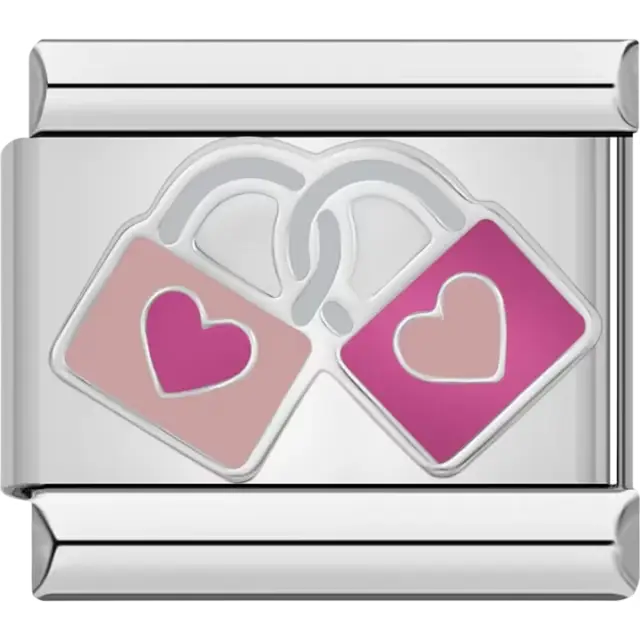 Two interlocked pink and purple padlocks with heart designs and silver outlines Italian charm bracelet link