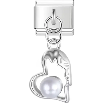 Textured heart with pearl center dangle Italian charm bracelet link