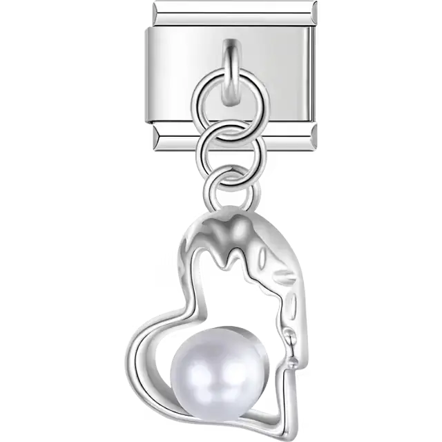 Textured heart with pearl center dangle Italian charm bracelet link