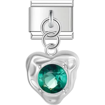 Dangling heart charm with a green round center stone Italian charm bracelet link