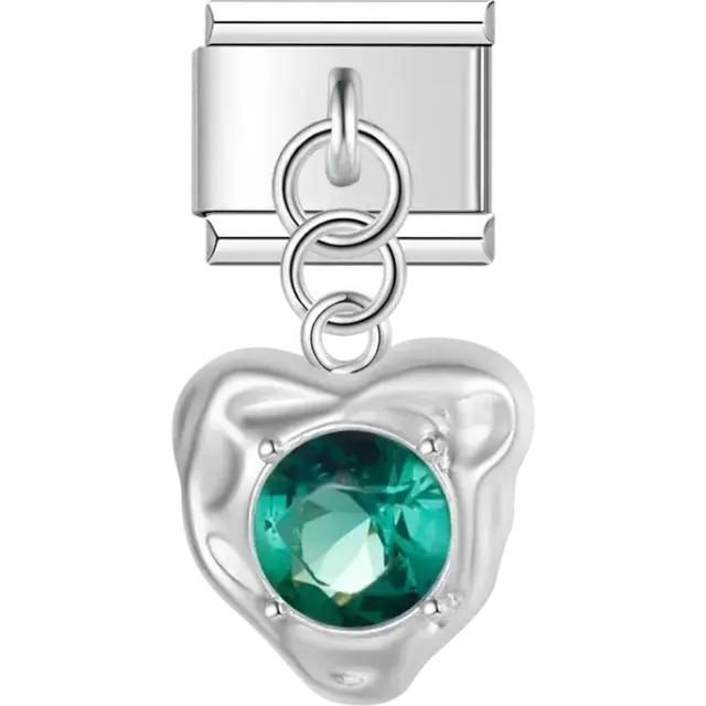 Dangling heart charm with a green round center stone Italian charm bracelet link