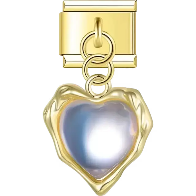 Heart-shaped pendant with a reflective pearl-like finish dangle Italian charm bracelet link