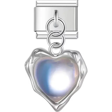 Heart-shaped pendant with a reflective pearl-like finish dangle Italian charm bracelet link