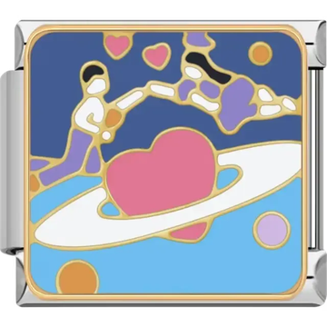 Pink heart planet with a white ring, stars, and a couple holding hands Italian charm bracelet link