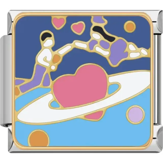 Pink heart planet with a white ring, stars, and a couple holding hands Italian charm bracelet link