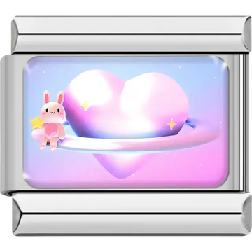 Pink heart-shaped planet with glowing ring and sitting bunny holding a yellow star on pastel background Italian charm bracelet link