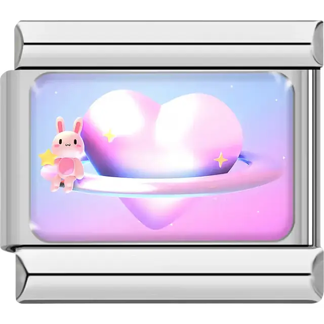 Pink heart-shaped planet with glowing ring and sitting bunny holding a yellow star on pastel background Italian charm bracelet link