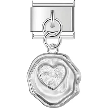 Wax seal-inspired design with a raised heart in the center dangling Italian charm bracelet link