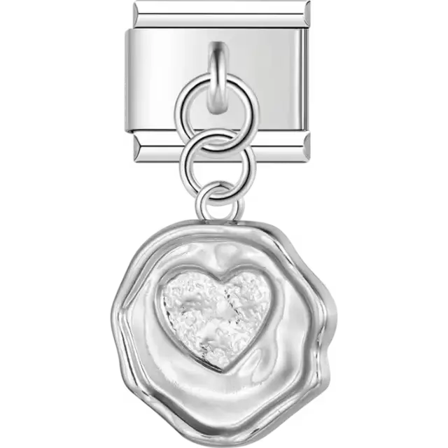 Wax seal-inspired design with a raised heart in the center dangling Italian charm bracelet link