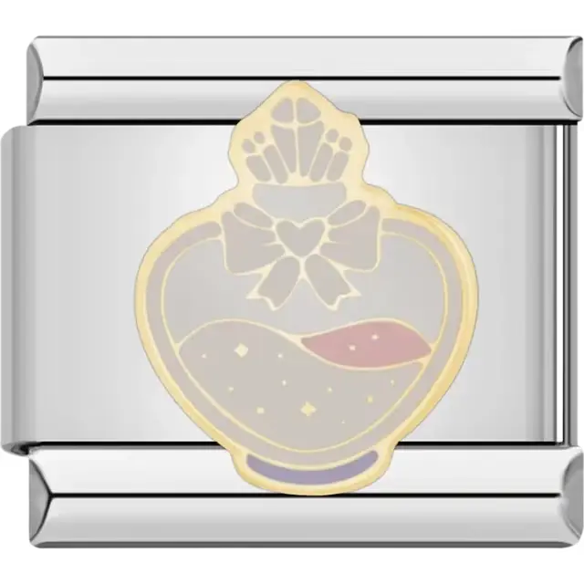 Heart-shaped perfume bottle design with bow and sparkling detail Italian charm bracelet link