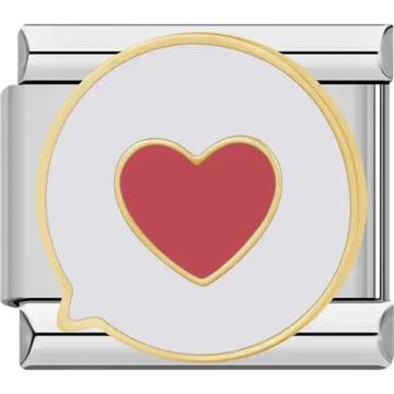 White speech bubble message design with a red heart in the center, outlined in gold accents Italian charm bracelet link
