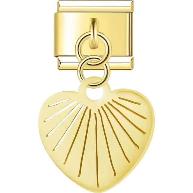 Heart shape with sunburst rays cutout design on dangle medal Italian charm bracelet link