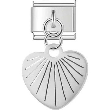 Heart shape with sunburst rays cutout design on dangle medal Italian charm bracelet link