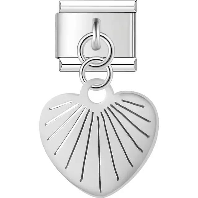 Heart shape with sunburst rays cutout design on dangle medal Italian charm bracelet link
