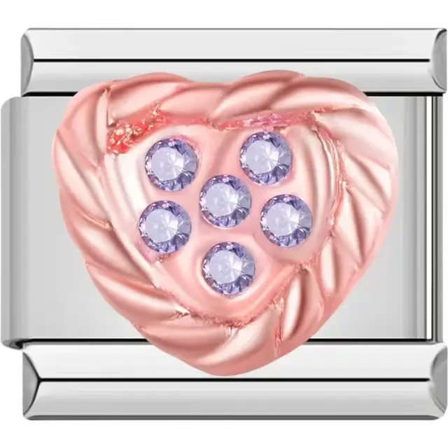 Rose gold heart design adorned with six purple crystals Italian charm bracelet link