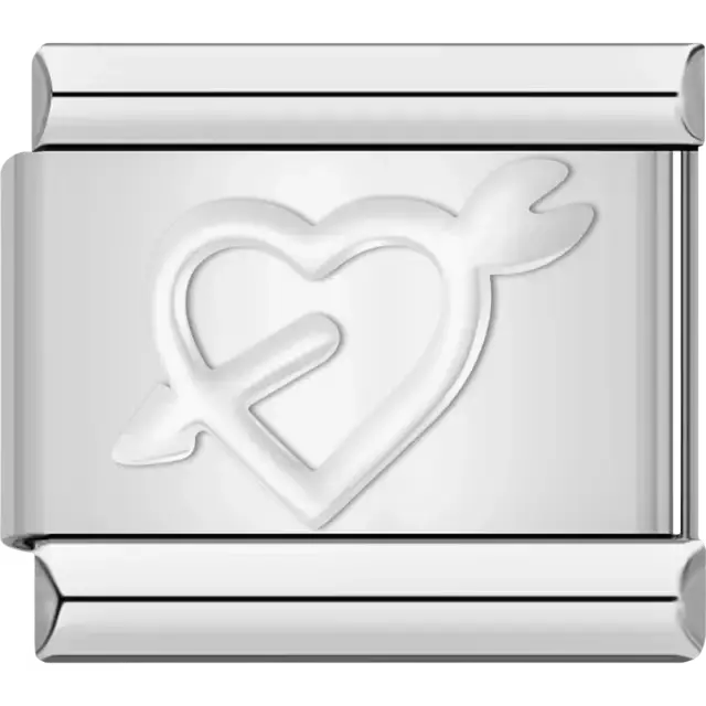 Silver charm with an embossed heart and arrow design Italian charm bracelet link