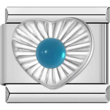 Heart-shaped design with a blue gemstone in the center Italian charm bracelet link