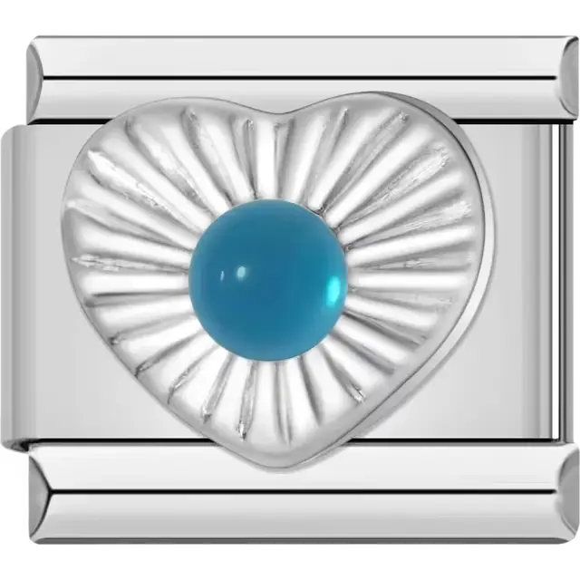 Heart-shaped design with a blue gemstone in the center Italian charm bracelet link