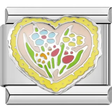 Heart-shaped yellow charm featuring colorful flower details Italian charm bracelet link