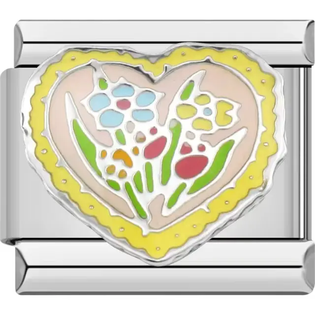 Heart-shaped yellow charm featuring colorful flower details Italian charm bracelet link