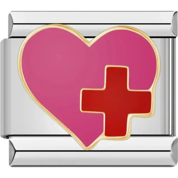 Pink heart with red cross Italian charm bracelet link