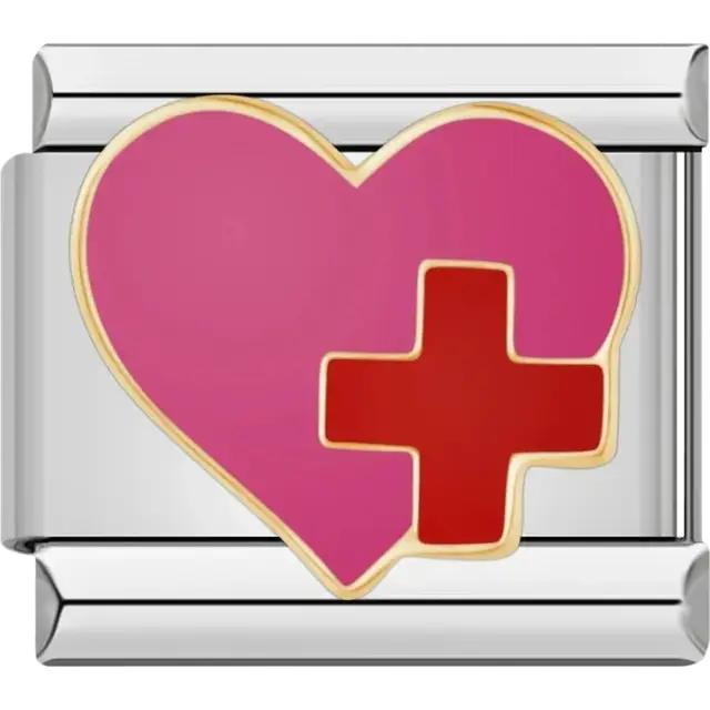 Pink heart with red cross Italian charm bracelet link