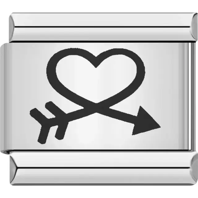 Black heart intertwined with a black arrow forming a crossing design Italian charm bracelet link