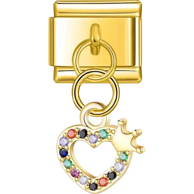Heart dangle with multicolor crystals and crown Italian charm bracelet link
