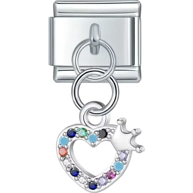 Heart dangle with multicolor crystals and crown Italian charm bracelet link